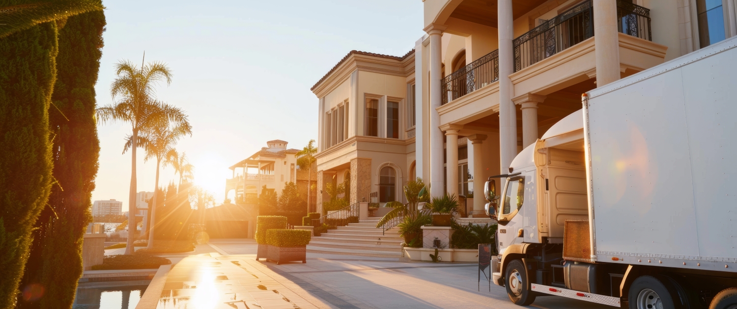 I Love Moving truck parked outside a luxury home in Florida at sunset, ready for a residential relocation.